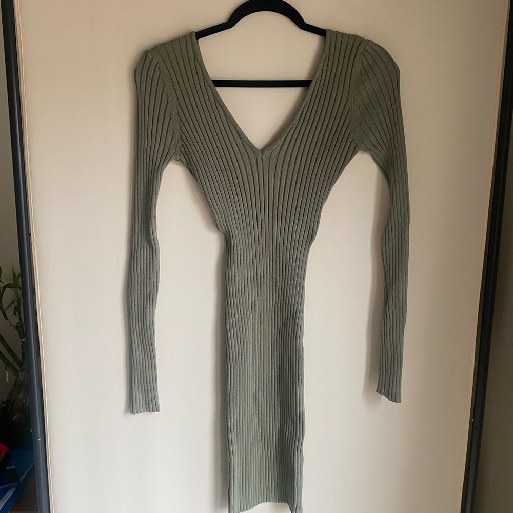 Fashion Nova Olive Ribbed V-Neck Long Sleeve Dress